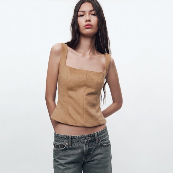 NEW Zara Soft Faux Fur, Wool Blend Bustier Corset-Style Cropped Top in Camel, XS - Picture 2 of 16